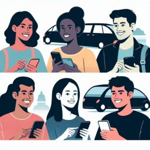 "Fitur baru Gojek untuk membagi biaya perjalanan grup, menampilkan antarmuka aplikasi dengan opsi pembagian biaya dan pengguna yang senang menggunakan layanan"