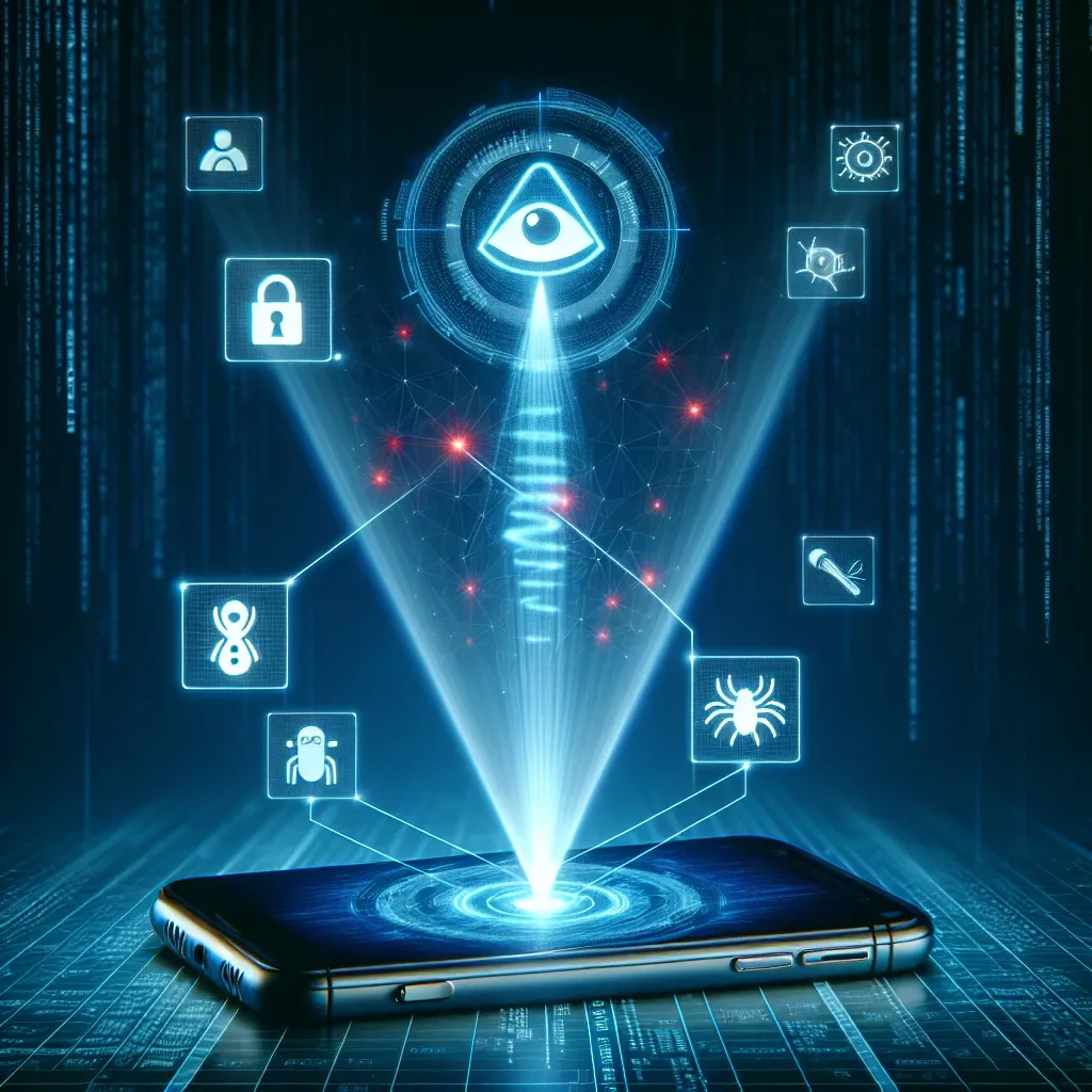 "Ilustrasi teknologi AI mendeteksi dan menganalisis malware pada perangkat mobile dalam upaya karantina dan perlindungan keamanan siber."