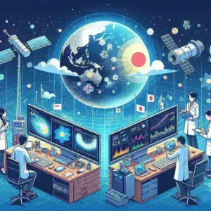 "BMKG researchers collaborating with JAXA scientists on weather research, showcasing advanced technology and data analysis tools for climate studies."