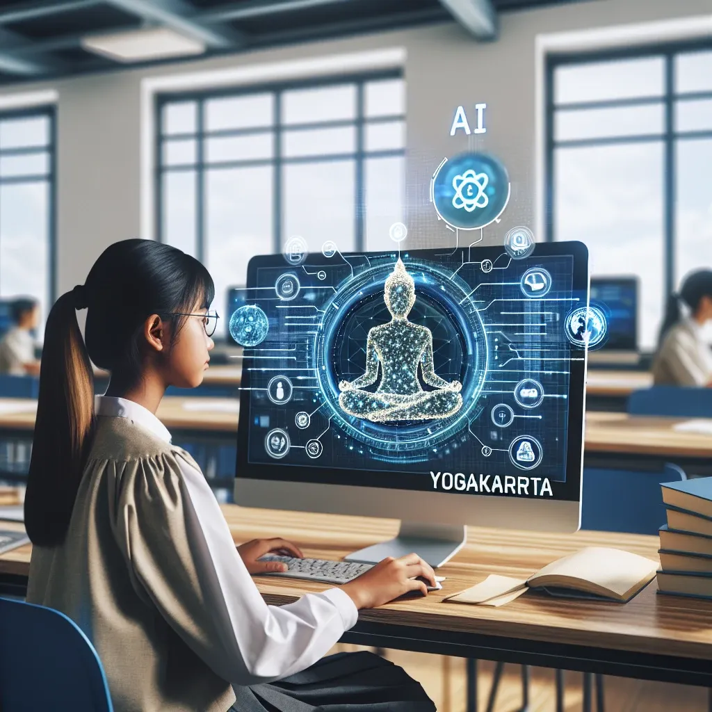 "Ilustrasi platform e-learning berbasis AI yang dikembangkan di Yogyakarta untuk siswa SMA, menampilkan antarmuka pengguna yang interaktif dan fitur pembelajaran inovatif."
