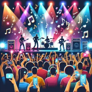 "Spotify Party Playlist collaborative mode feature for live concerts, showcasing users enjoying music together in a vibrant atmosphere."